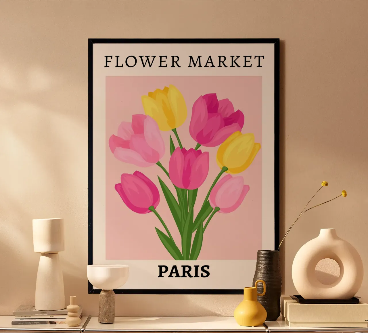 Mercato dei fiori di Parigi, Rosa Floreale poster con telaio in legno da pdigitalprints