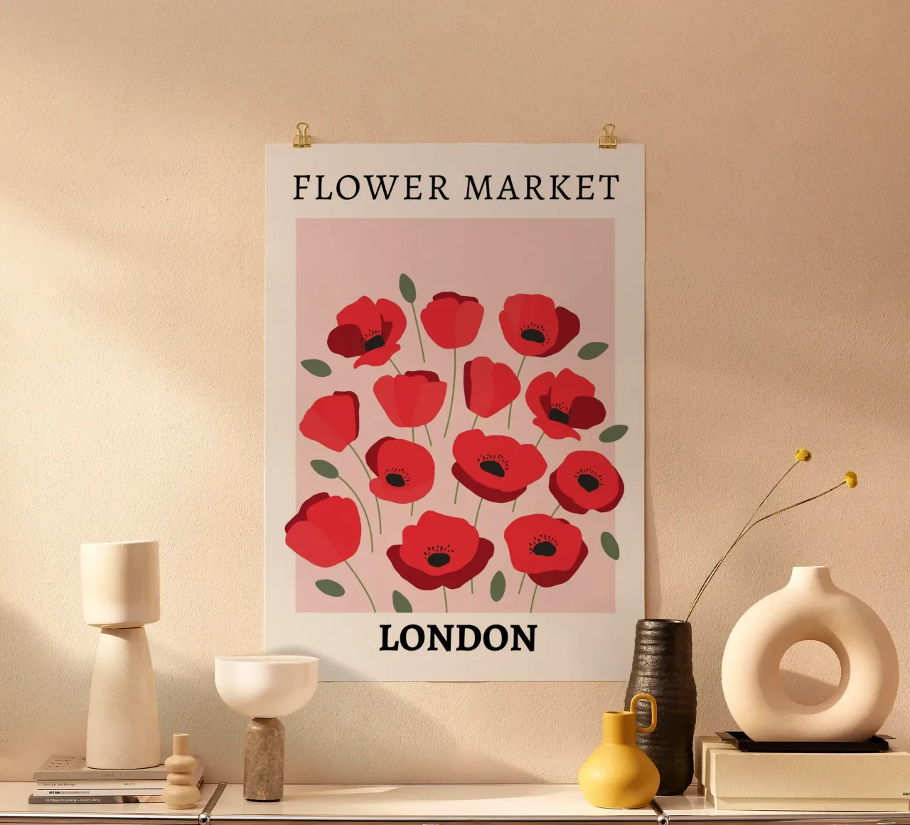 Mercato dei fiori di Londra, design floreale rosso poster con telaio in alluminio da pdigitalprints