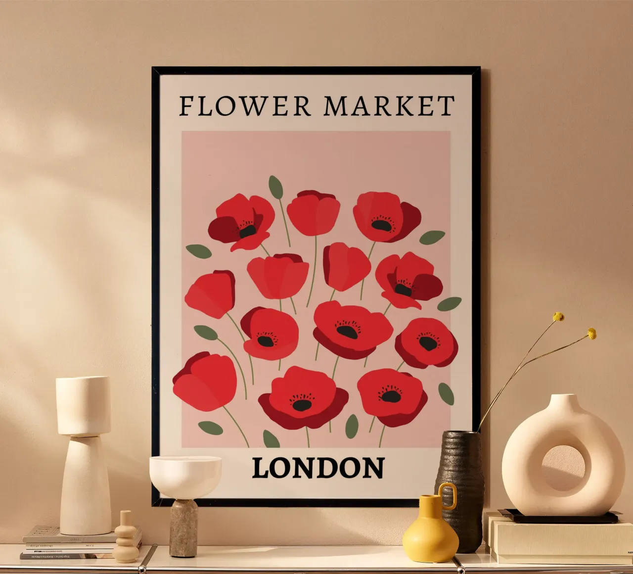 Mercato dei fiori di Londra, design floreale rosso poster con telaio in alluminio da pdigitalprints