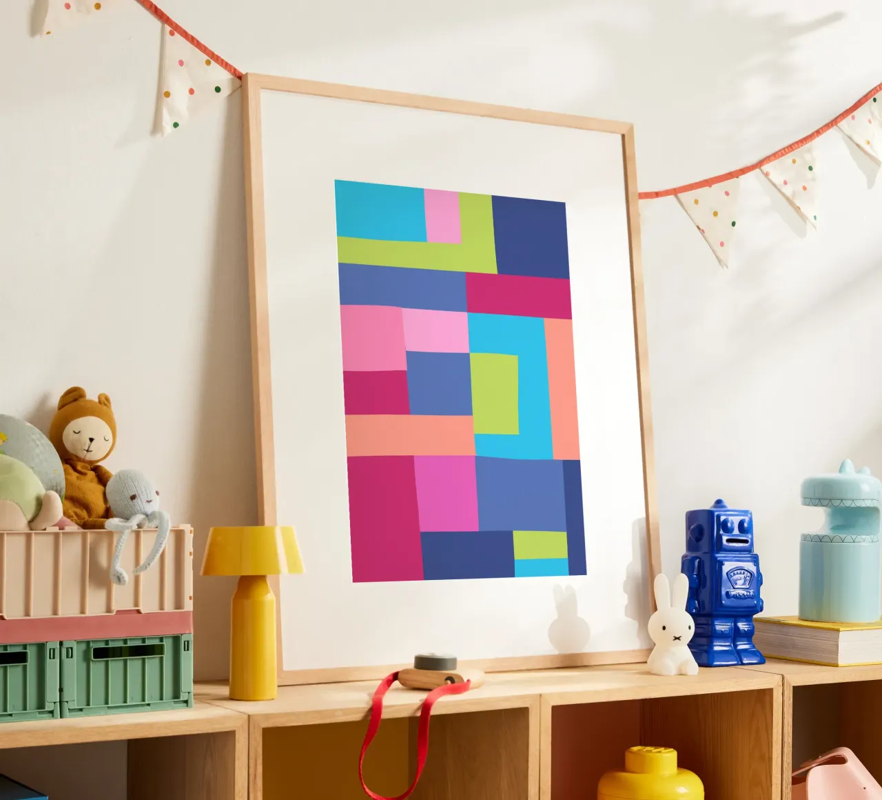 Mosaic Brights 7 | Color Blocking | Burgundy Navy Aqua Lime poster con telaio in alluminio da sabidussi