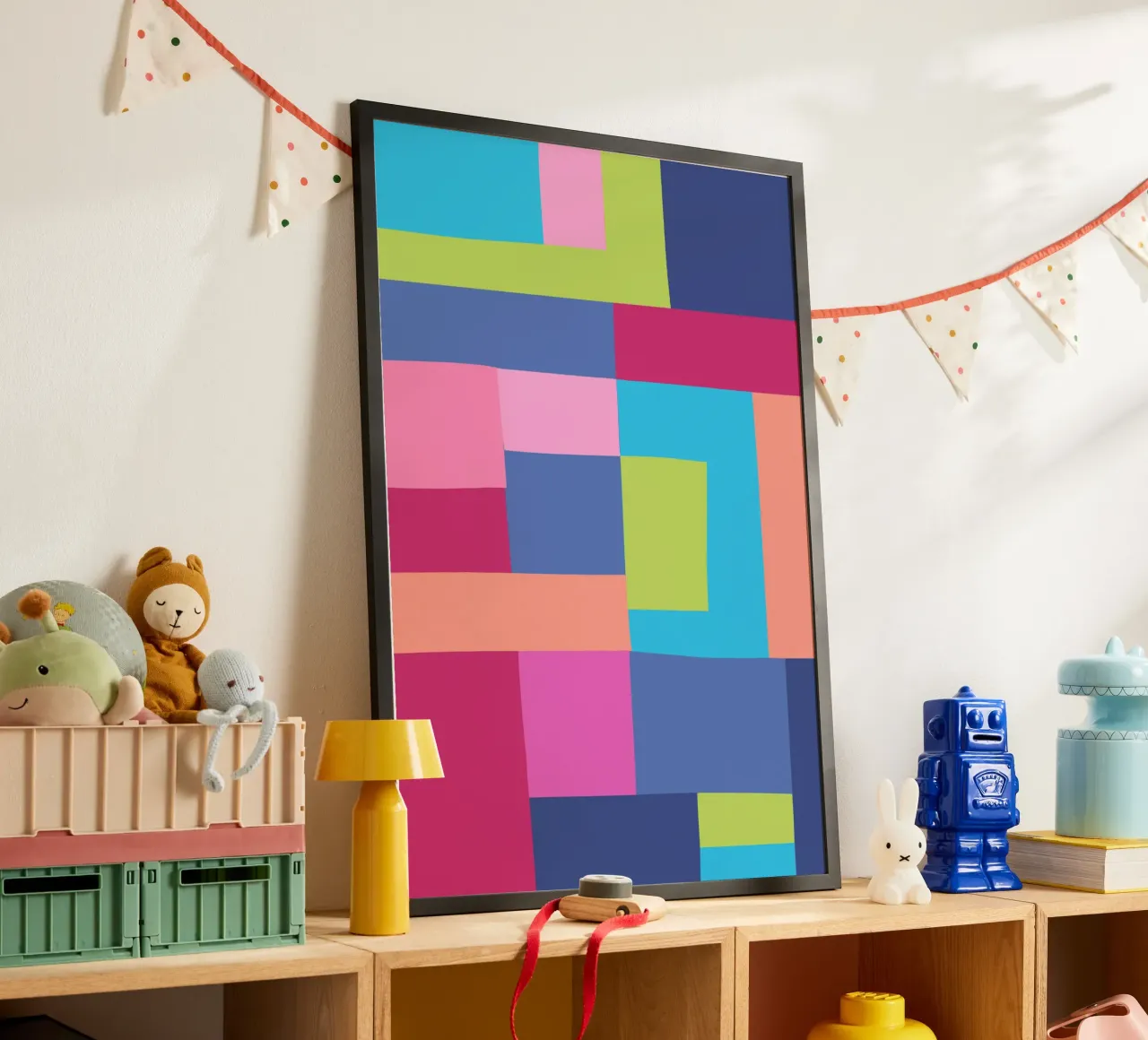 Mosaic Brights 7 | Color Blocking | Burgundy Navy Aqua Lime poster con telaio in alluminio da sabidussi