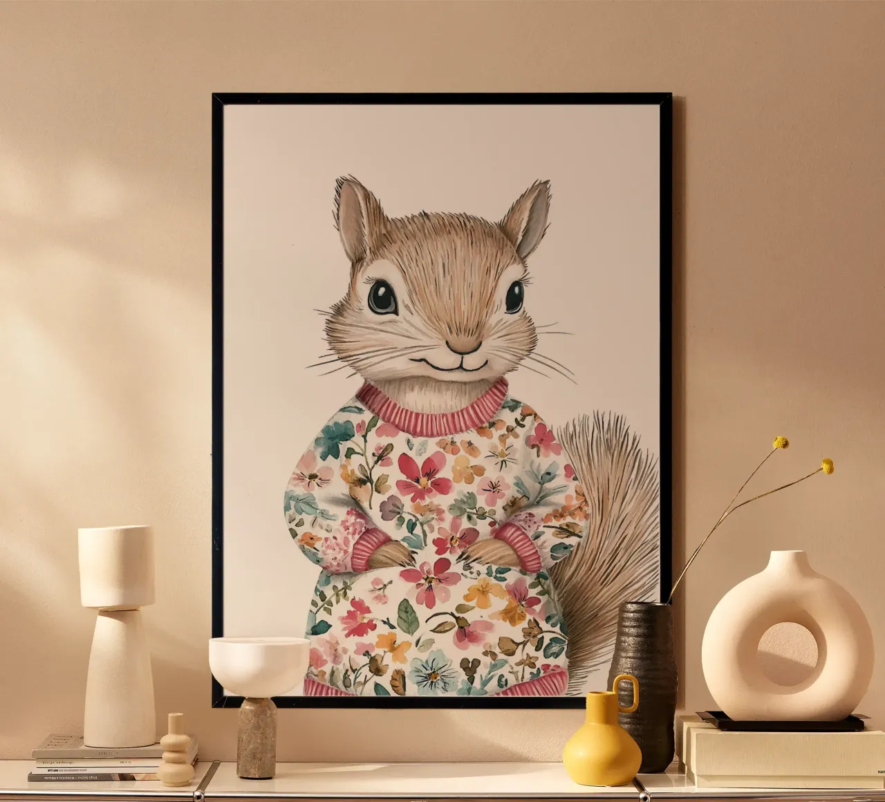 Écureuil à fleurs - Poster d'un adorable animal de la forêt pour la chambre d'enfant poster avec cadre en bois de KidzStudio