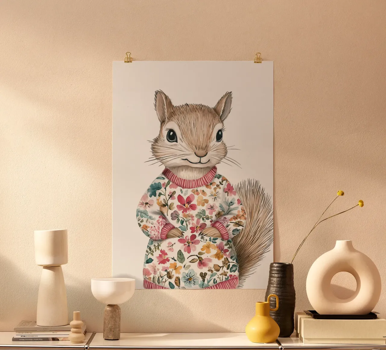 Écureuil à fleurs - Poster d'un adorable animal de la forêt pour la chambre d'enfant poster avec cadre en bois de KidzStudio