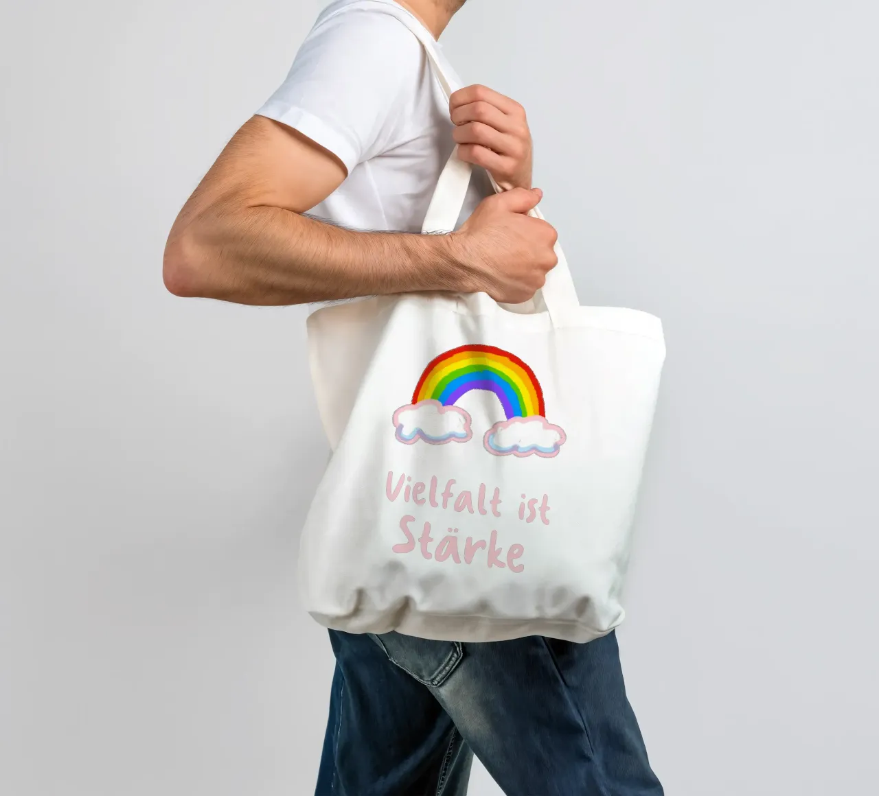 Rainbow and clouds tote bag by Face & Content