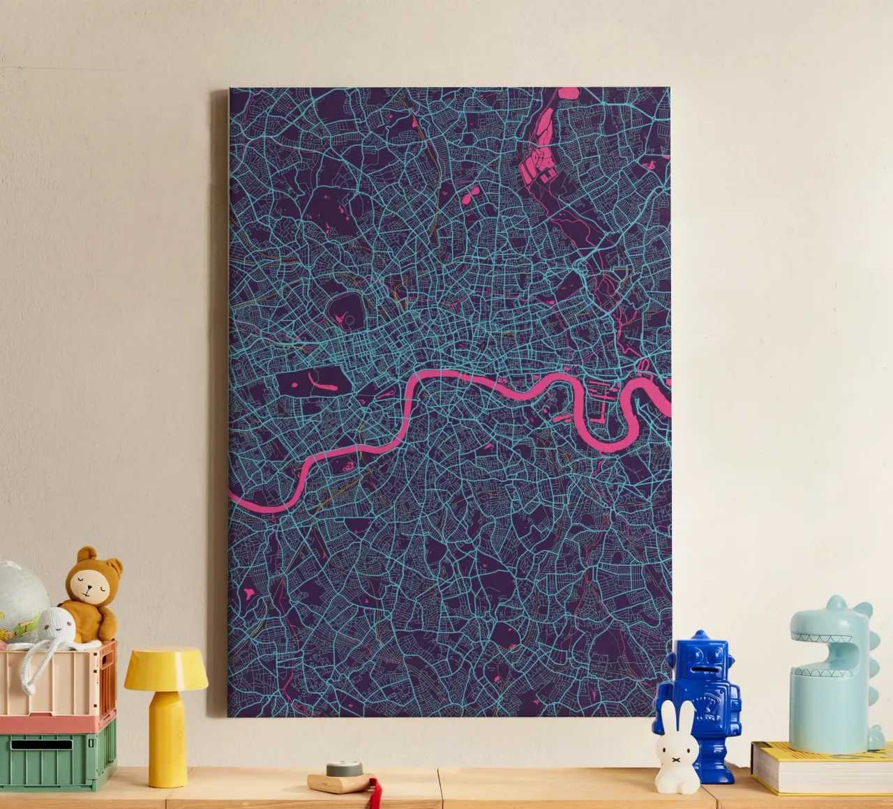 Metropolitan Glow - Mappa della città di Londra in colori vivaci tela con Cornice a cassetta da MOOODZART