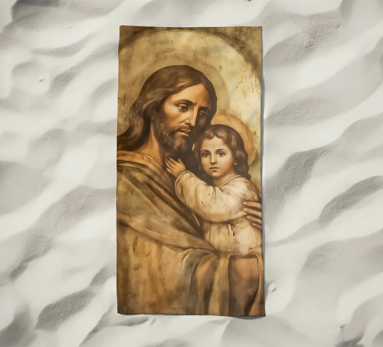 Gesù Cristo con bambino telo mare da Carinaprint