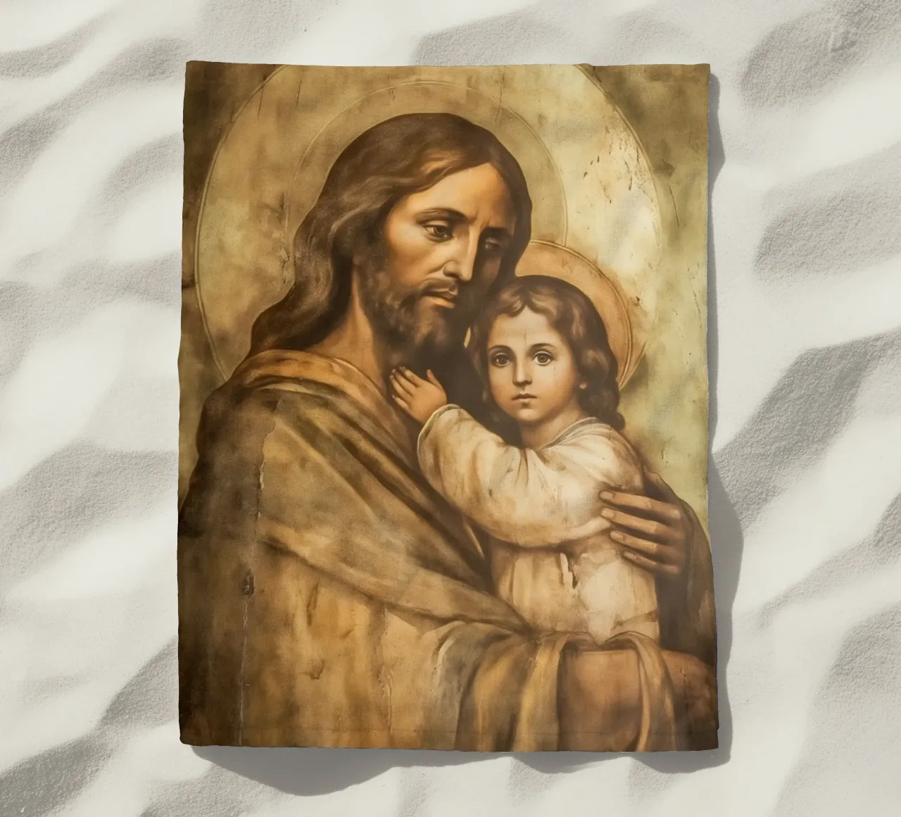 Gesù Cristo con bambino telo mare da Carinaprint