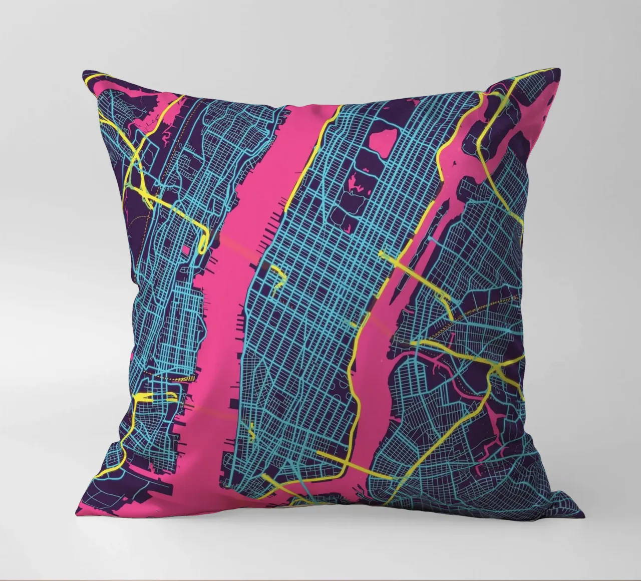 Neon NYC" - Abstract city map of Manhattan decorative cushion by MOOODZART