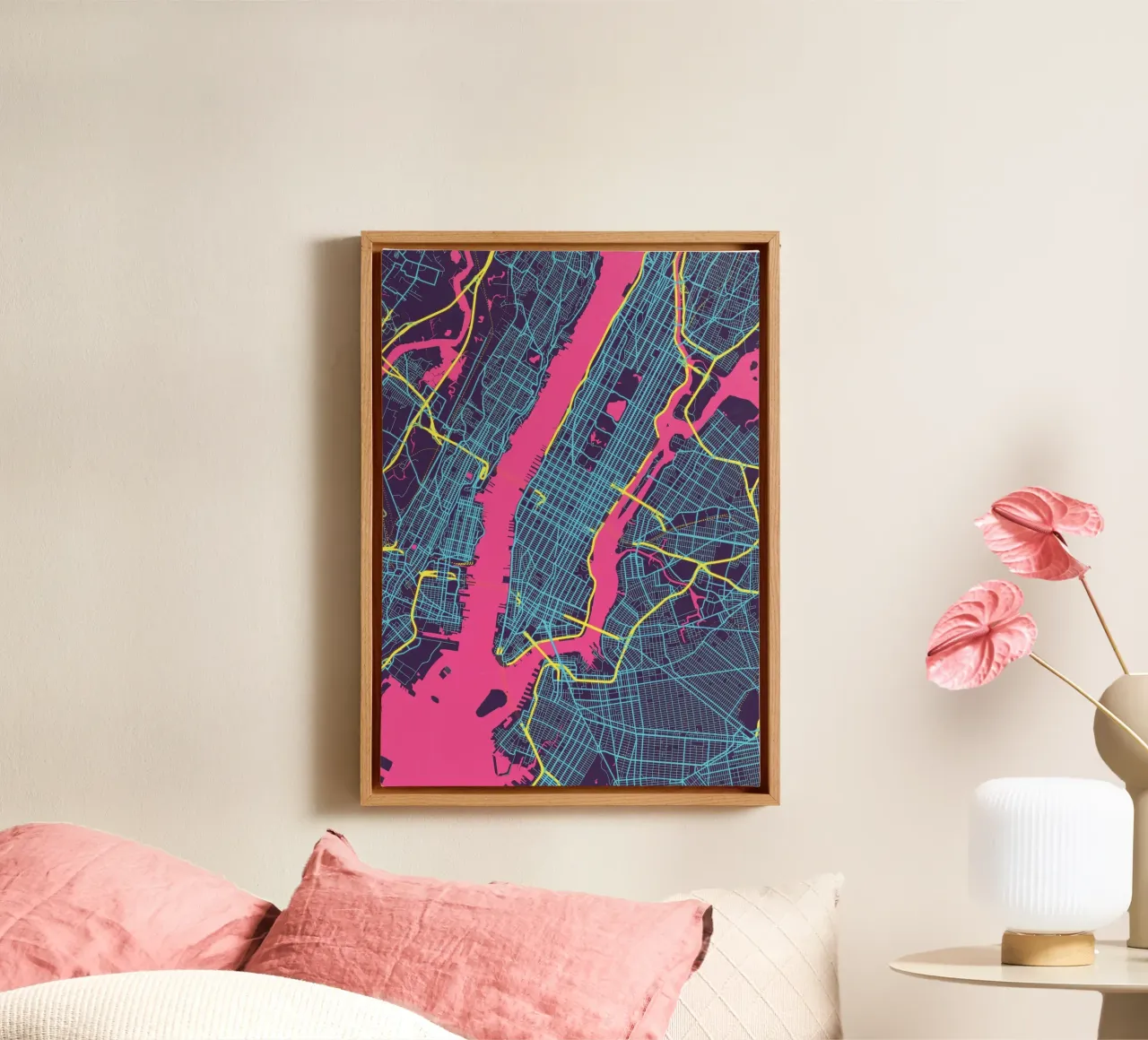 Neon NYC" - Abstracte stadsplattegrond van Manhattan canvas van MOOODZART