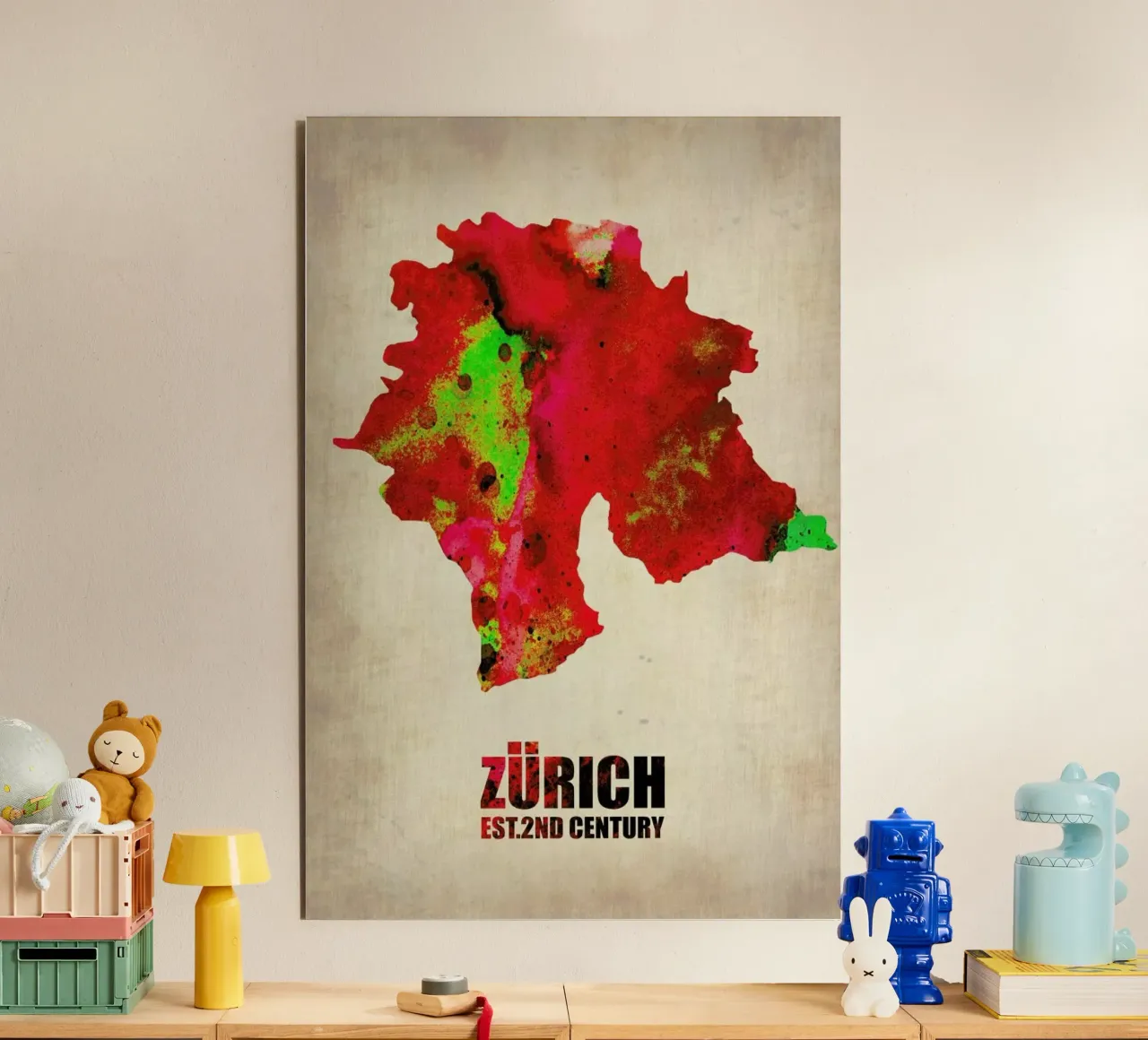 Zurich Watercolor Map alluminio dibond da Naxart