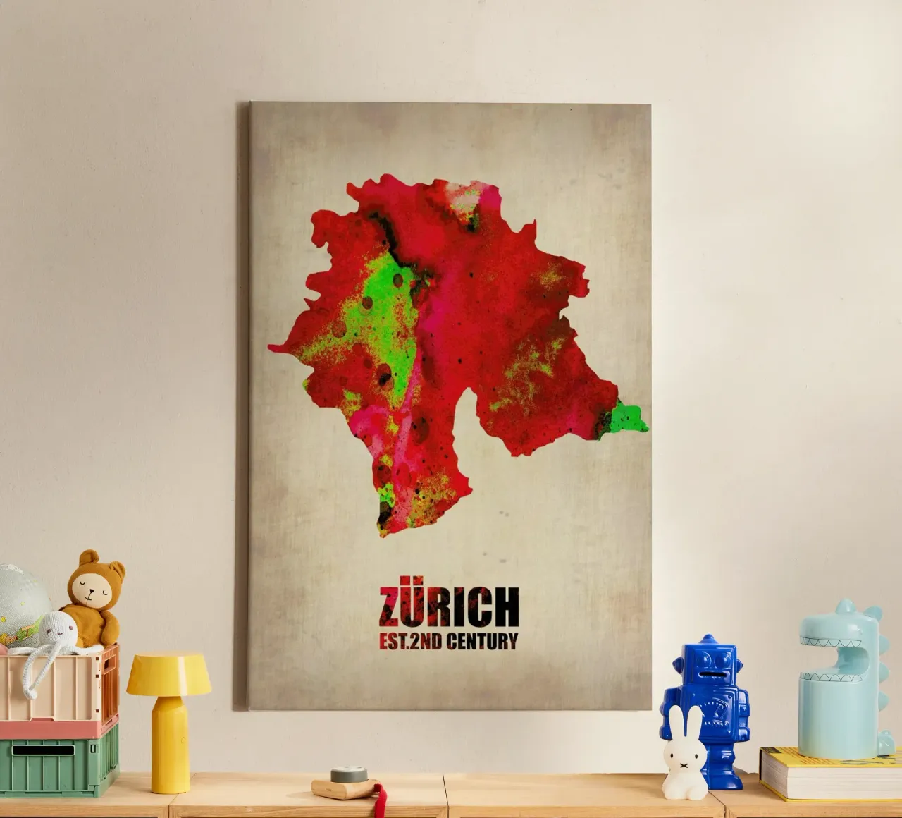 Zurich Watercolor Map tela con Cornice a cassetta da Naxart