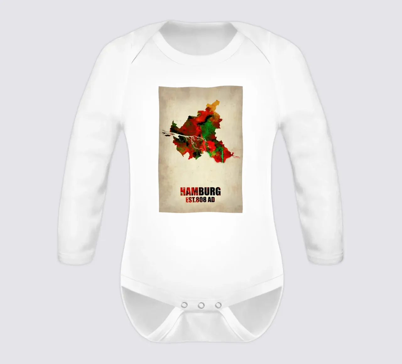 Hamburg Watercolor Map long-sleeve baby romper by Naxart