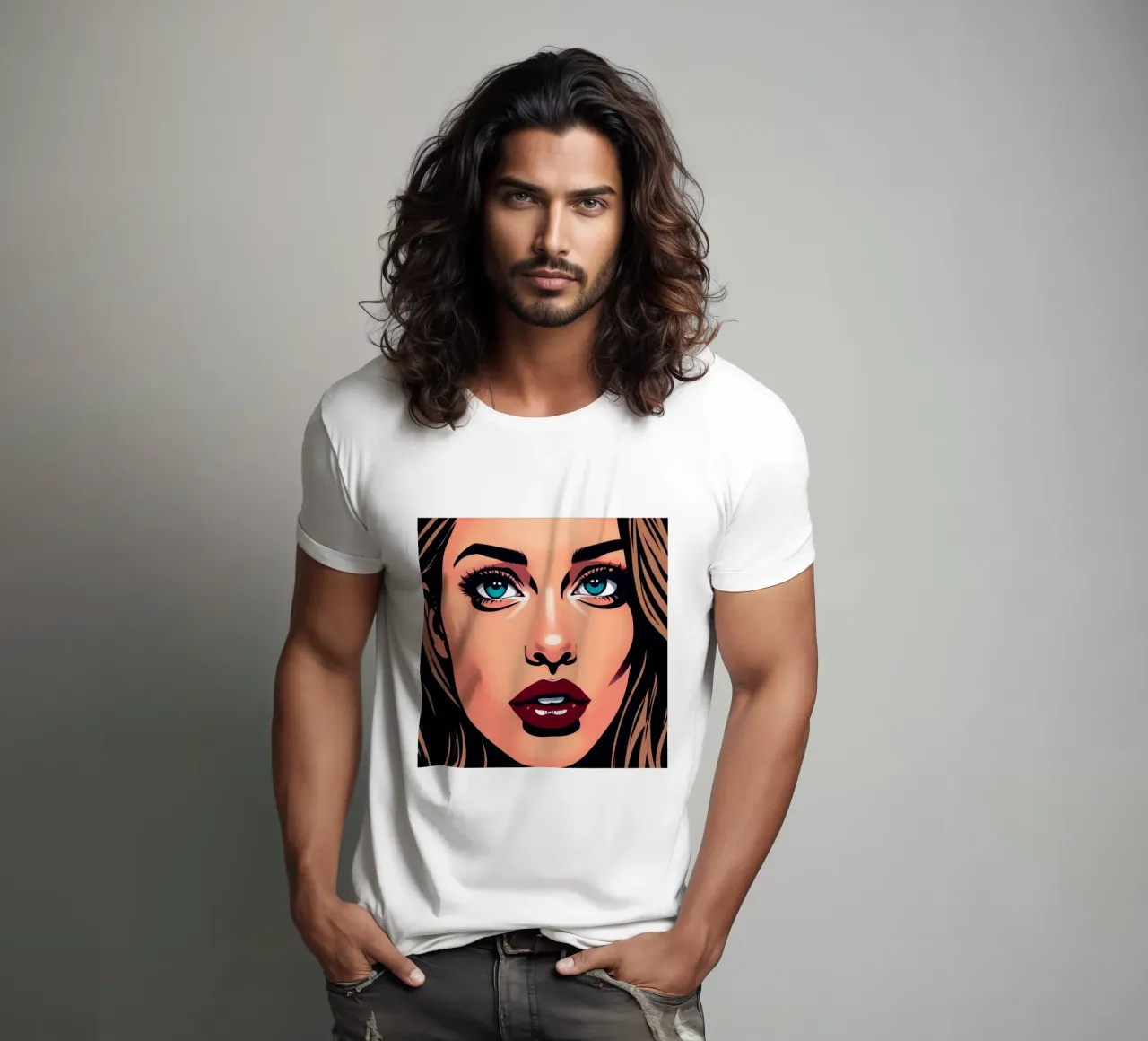 Portrait of a woman with striking blue eyes and bold lips t-shirt by DesignDoodle