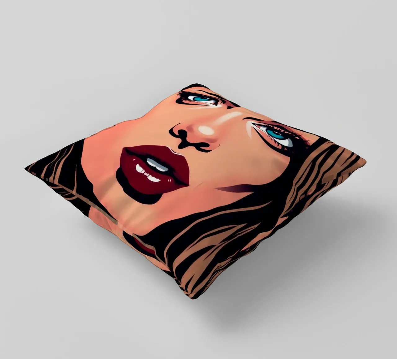 Ritratto di donna con occhi azzurri e labbra audaci cuscino da DesignDoodle