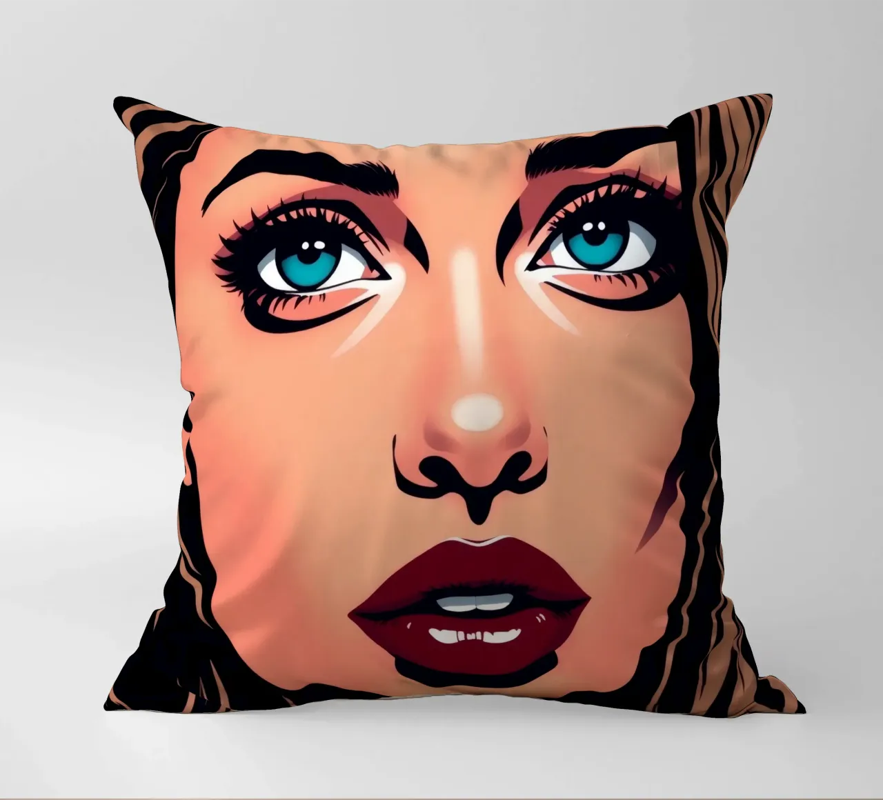 Ritratto di donna con occhi azzurri e labbra audaci cuscino da DesignDoodle