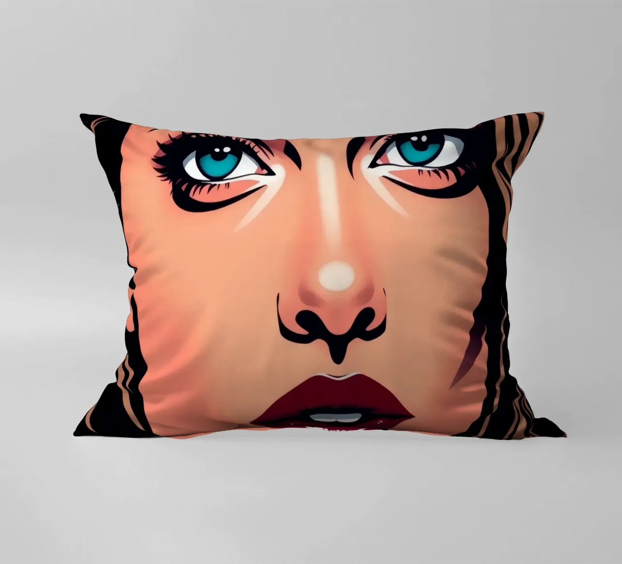 Ritratto di donna con occhi azzurri e labbra audaci cuscino da DesignDoodle