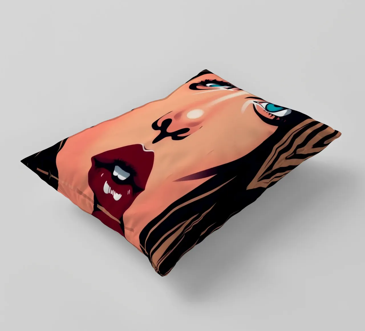 Ritratto di donna con occhi azzurri e labbra audaci cuscino da DesignDoodle