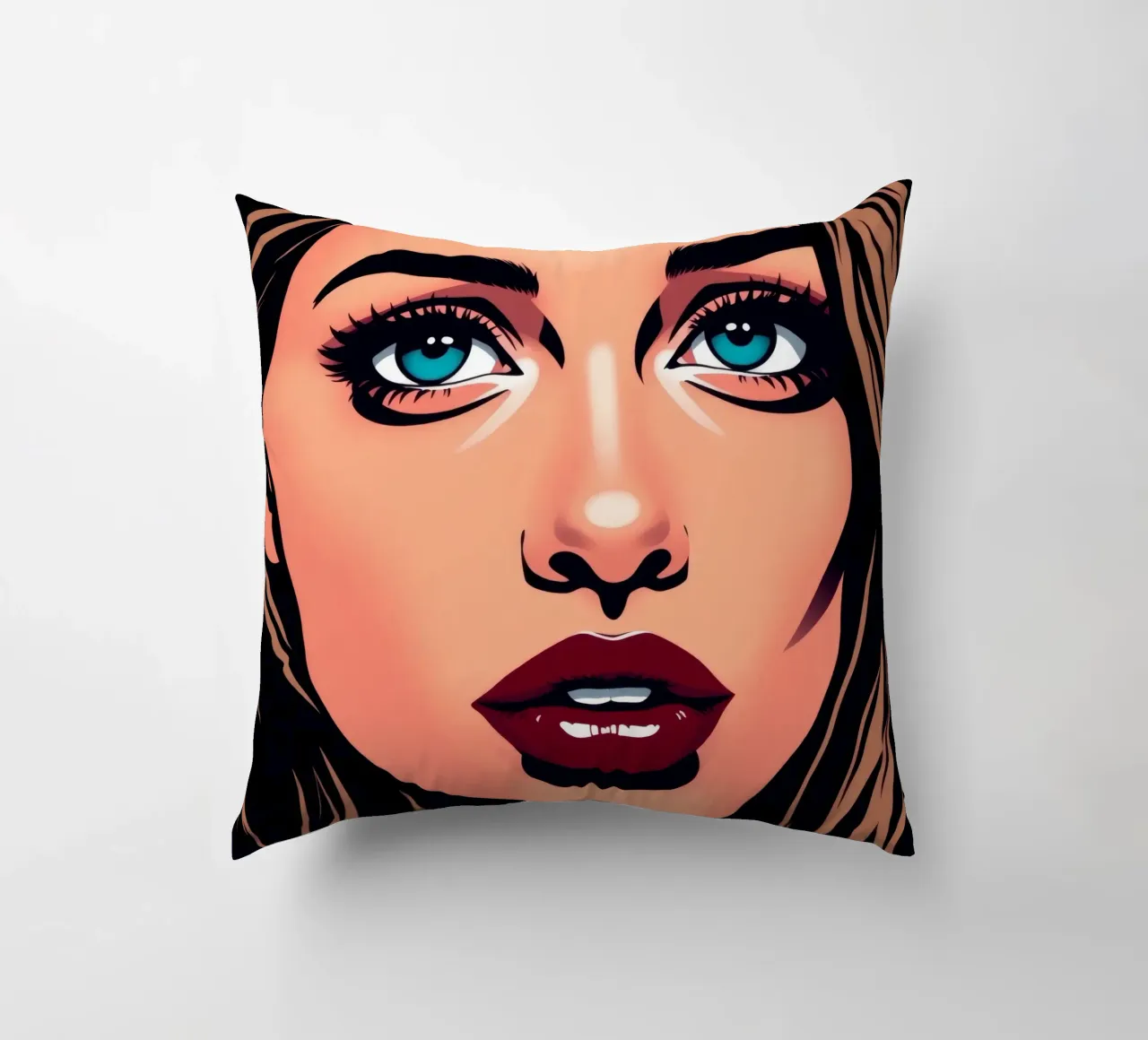 Ritratto di donna con occhi azzurri e labbra audaci cuscino da DesignDoodle