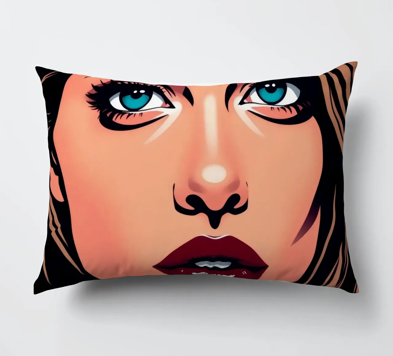 Ritratto di donna con occhi azzurri e labbra audaci cuscino da DesignDoodle