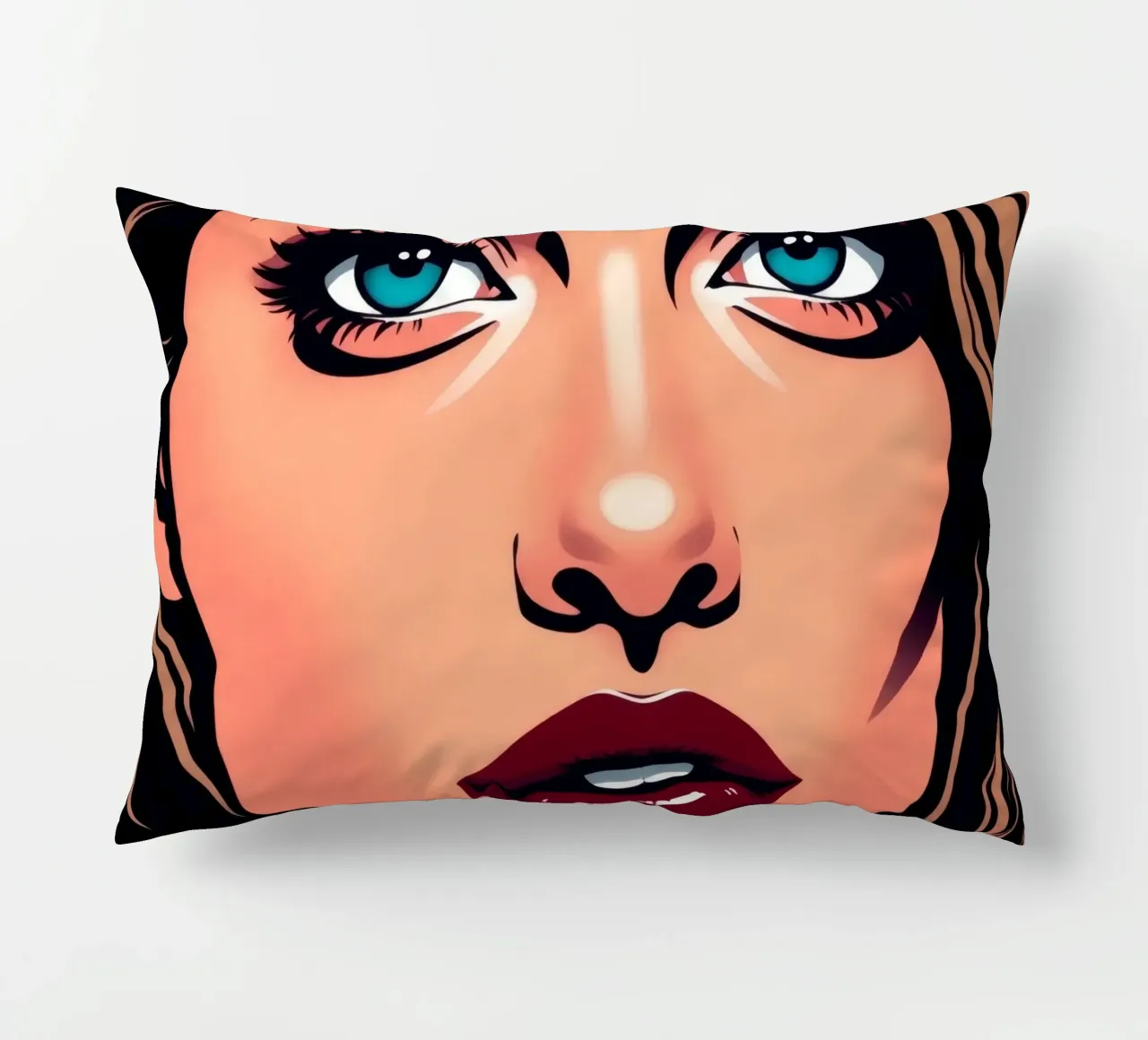 Ritratto di donna con occhi azzurri e labbra audaci cuscino da DesignDoodle