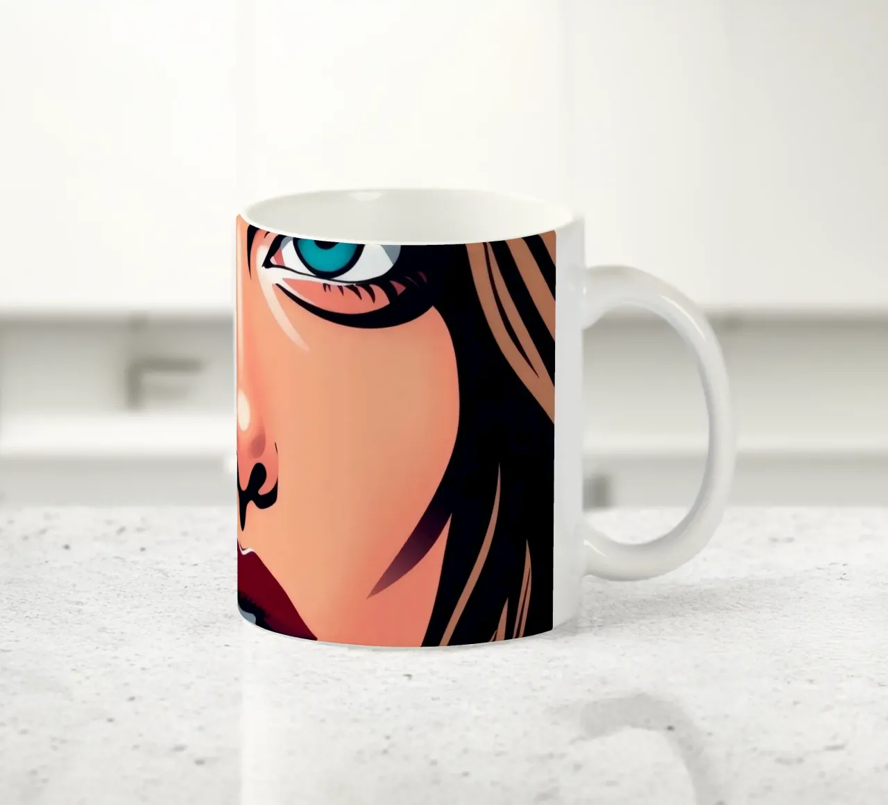Ritratto di donna con occhi azzurri e labbra audaci tazza in ceramica da DesignDoodle