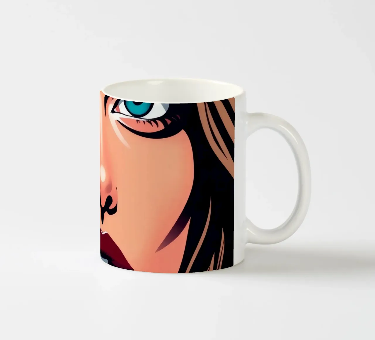 Ritratto di donna con occhi azzurri e labbra audaci tazza in ceramica da DesignDoodle