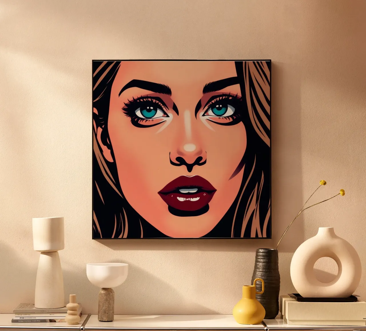 Portrait of a woman with striking blue eyes and bold lips acrylic glass by DesignDoodle