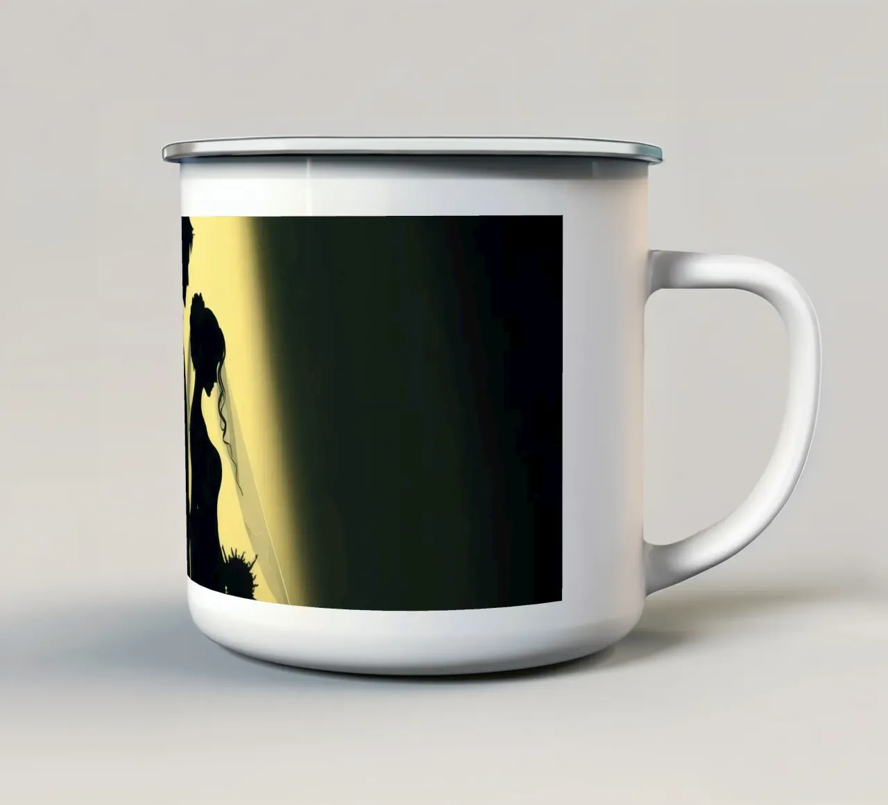 Un couple s'embrasse lors d'une cérémonie de mariage sous une lumière spectaculaire mug en émail de DesignDoodle
