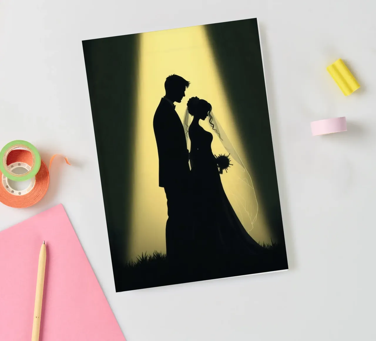 Un couple s'embrasse lors d'une cérémonie de mariage sous une lumière spectaculaire carnet de notes de DesignDoodle
