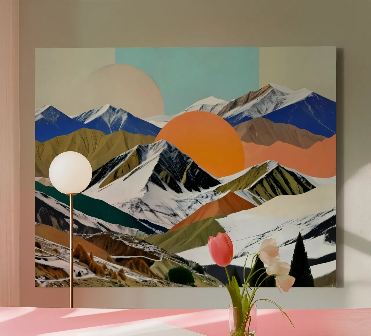Twee Rijzende Zonnen | Abstract Landschapscollage canvas met Baklijst van 83oranges