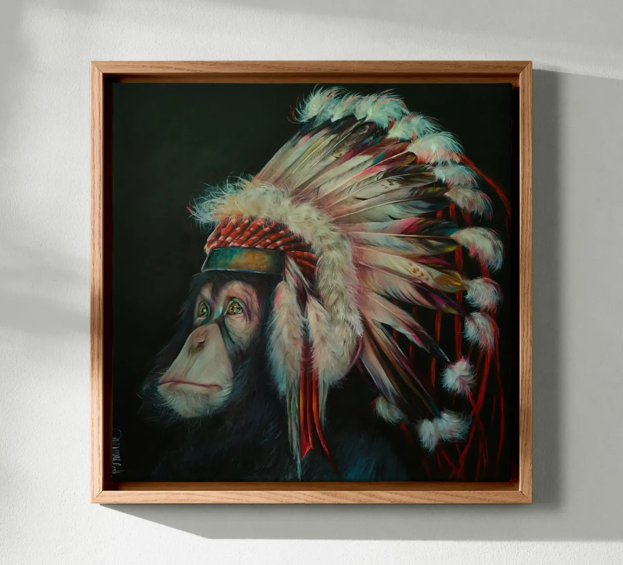 Feathered chimpanzee canvas with Floater frame by HelenBarenton