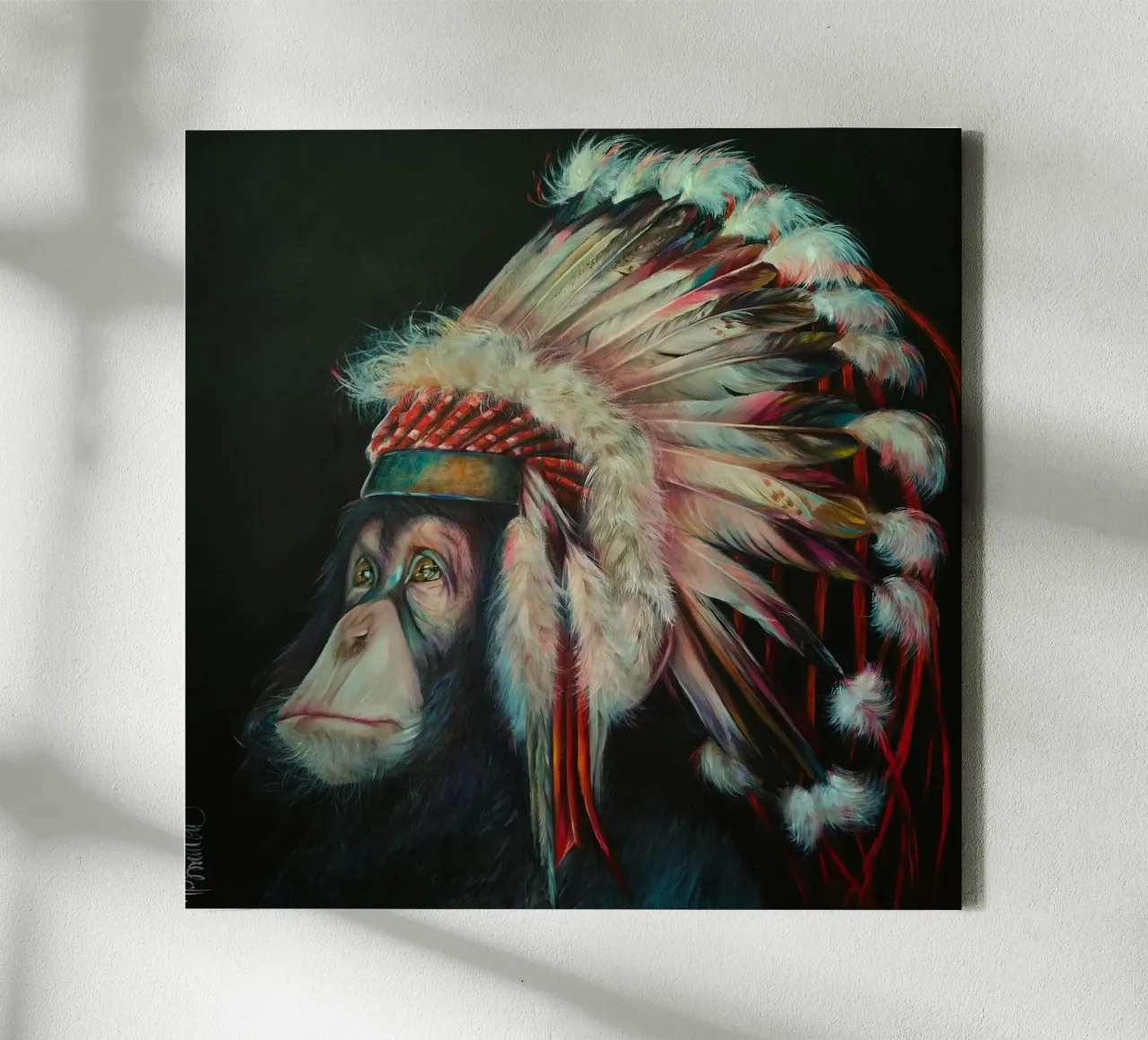 Feathered chimpanzee canvas with Floater frame by HelenBarenton