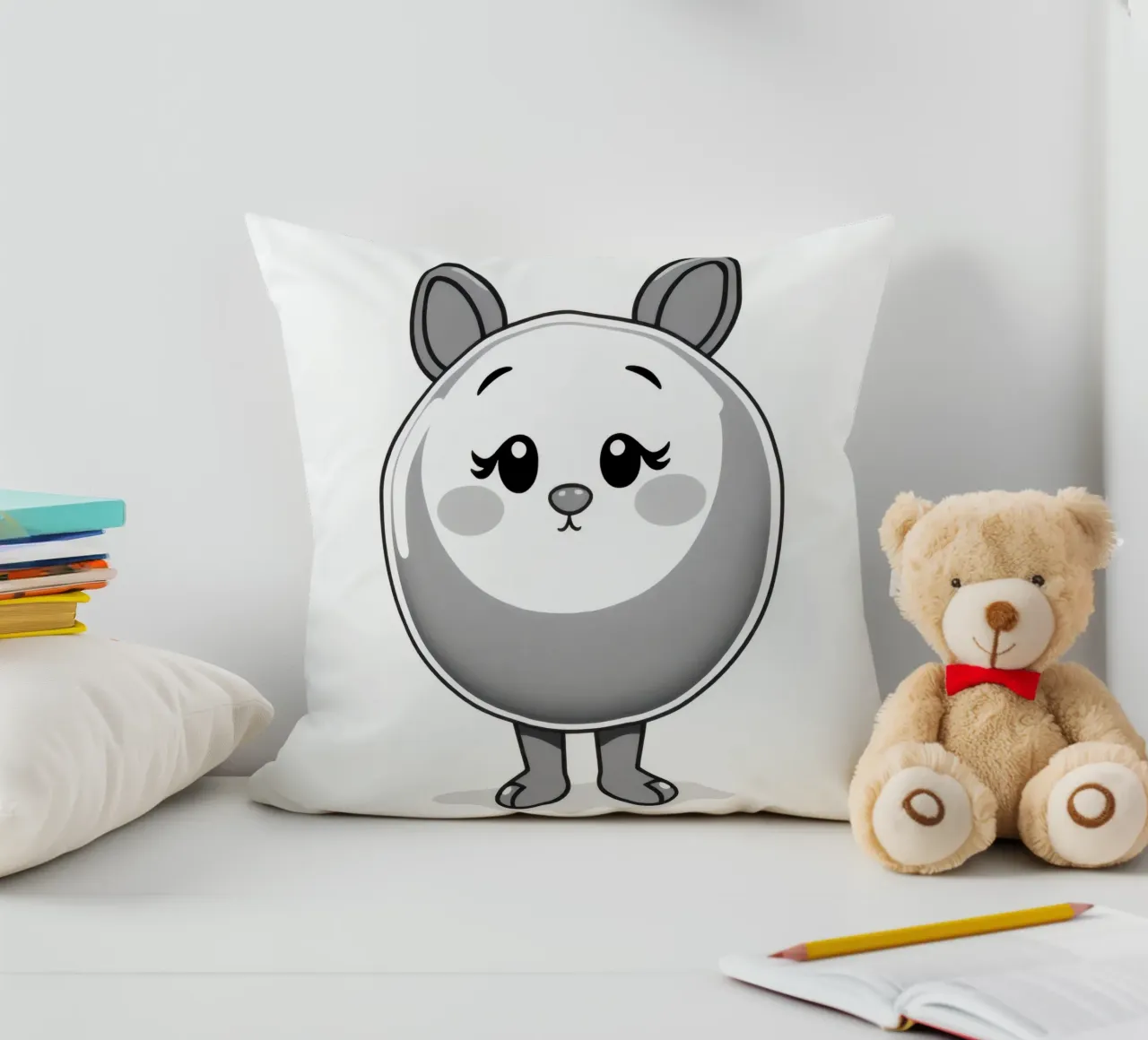 Cute round animated character with ears and cheerful decorative cushion by DesignDoodle