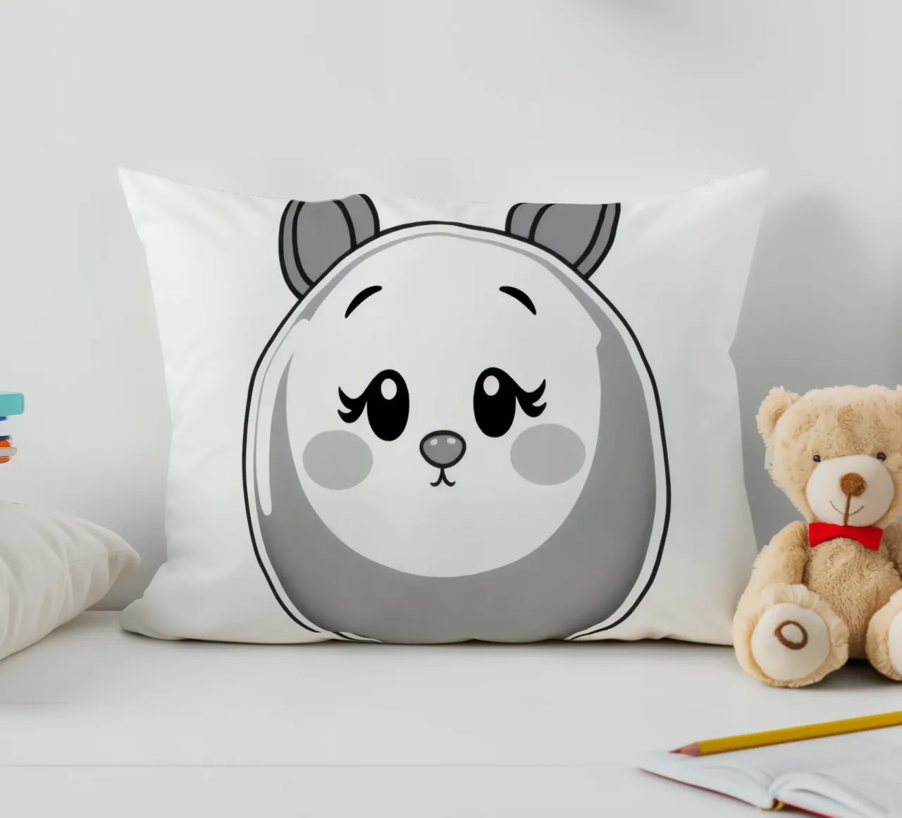 Cute round animated character with ears and cheerful decorative cushion by DesignDoodle
