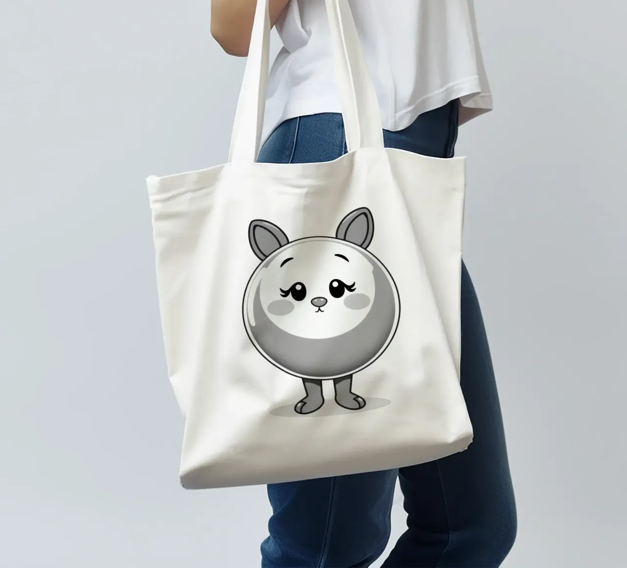 Cute round animated character with ears and cheerful tote bag by DesignDoodle