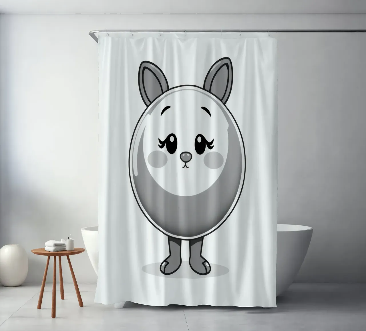 Cute round animated character with ears and cheerful shower curtain by DesignDoodle