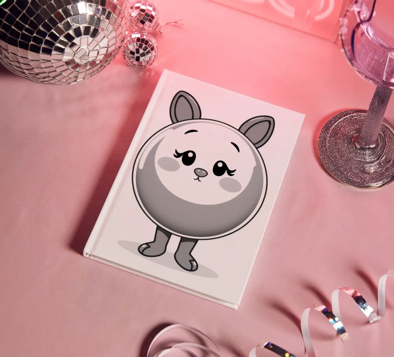 Mignon personnage rond et animé avec des oreilles et un air joyeux carnet de notes de DesignDoodle