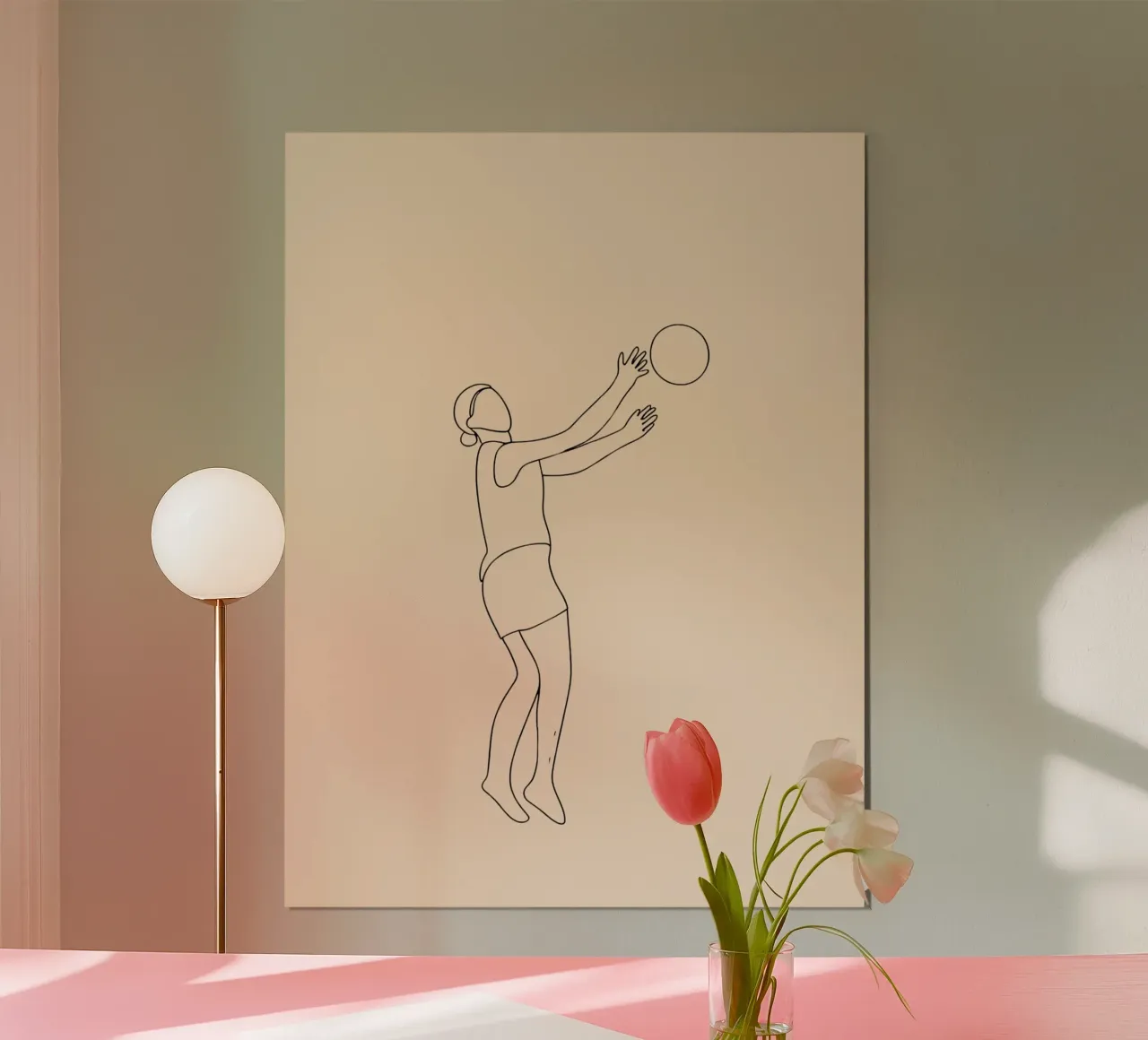 Giocatore di pallavolo donna Line Art minimalista poster con telaio in plastica da Viv Line Art