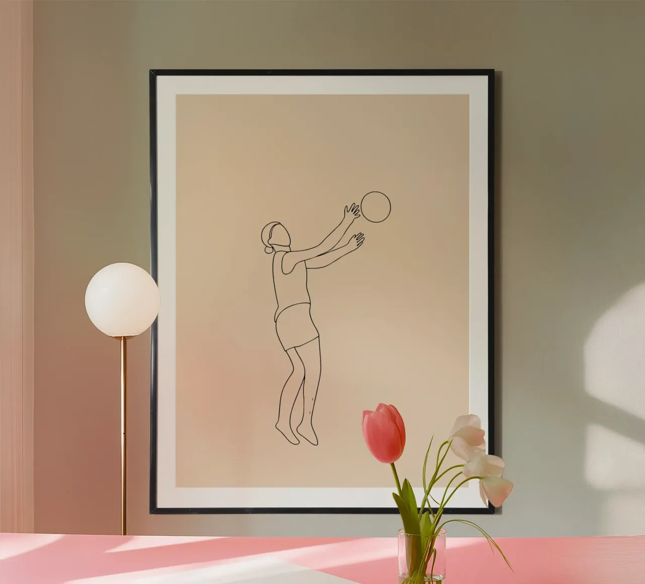 Giocatore di pallavolo donna Line Art minimalista poster con telaio in plastica da Viv Line Art