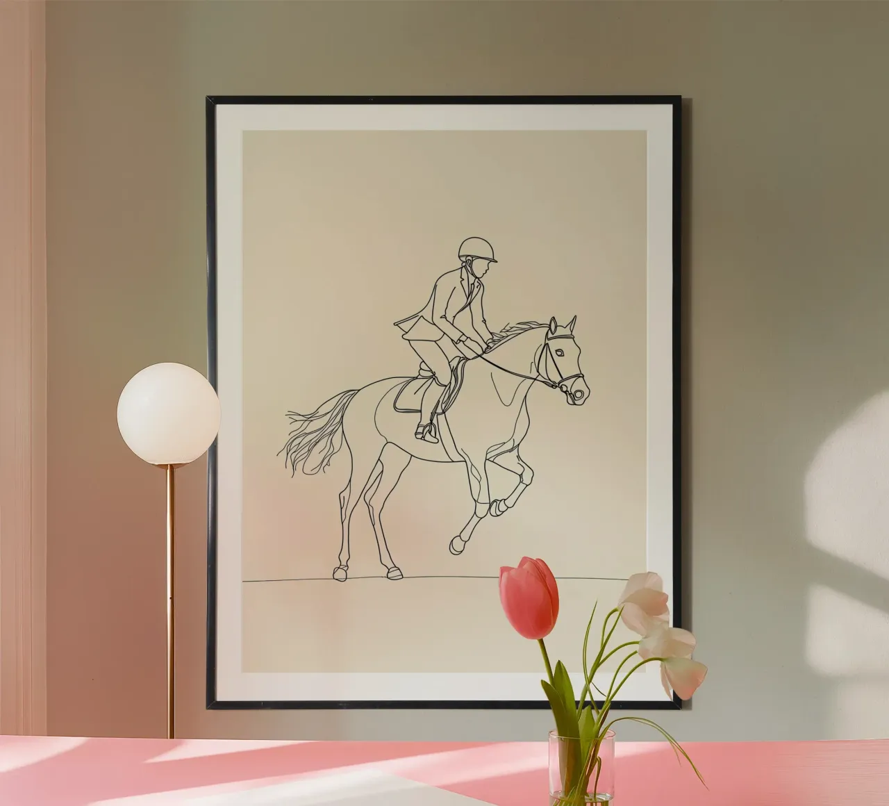 Cavaliere di cavallo Line Art minimalista poster con telaio in plastica da Viv Line Art