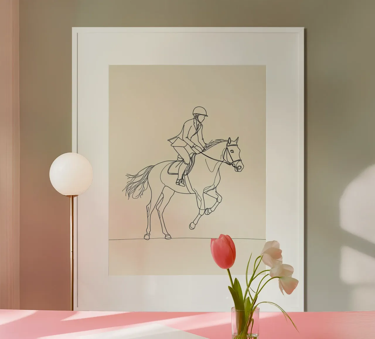 Cavaliere di cavallo Line Art minimalista poster con telaio in plastica da Viv Line Art