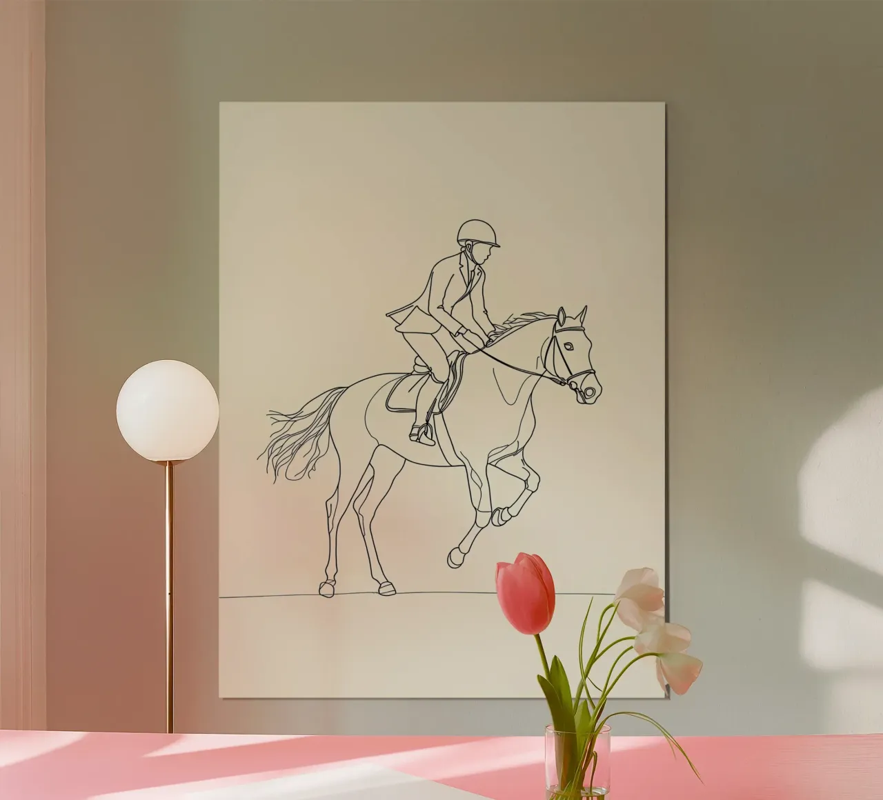 Cavaliere di cavallo Line Art minimalista poster con telaio in plastica da Viv Line Art