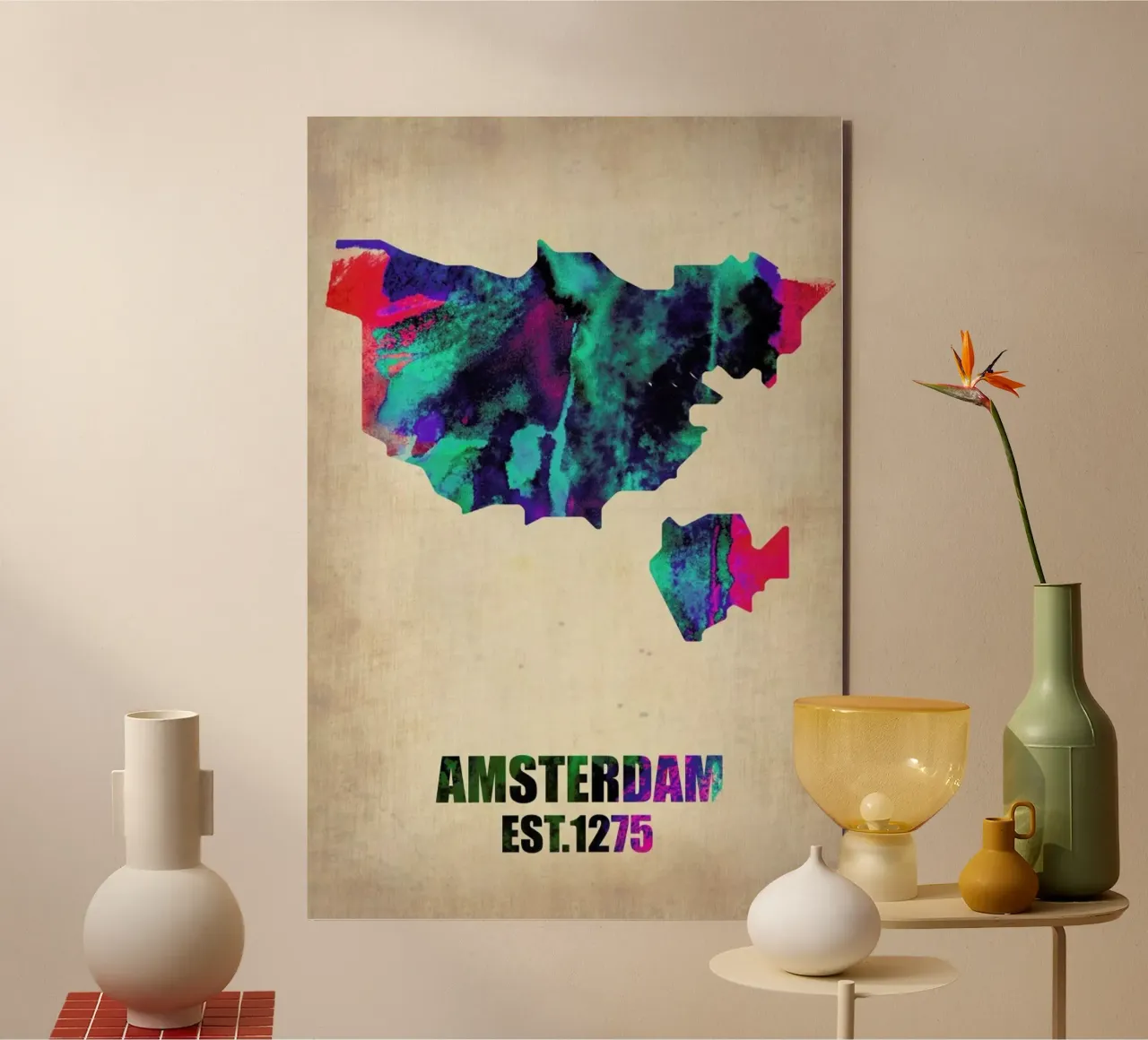 Amsterdam Watercolor Map alluminio dibond da Naxart