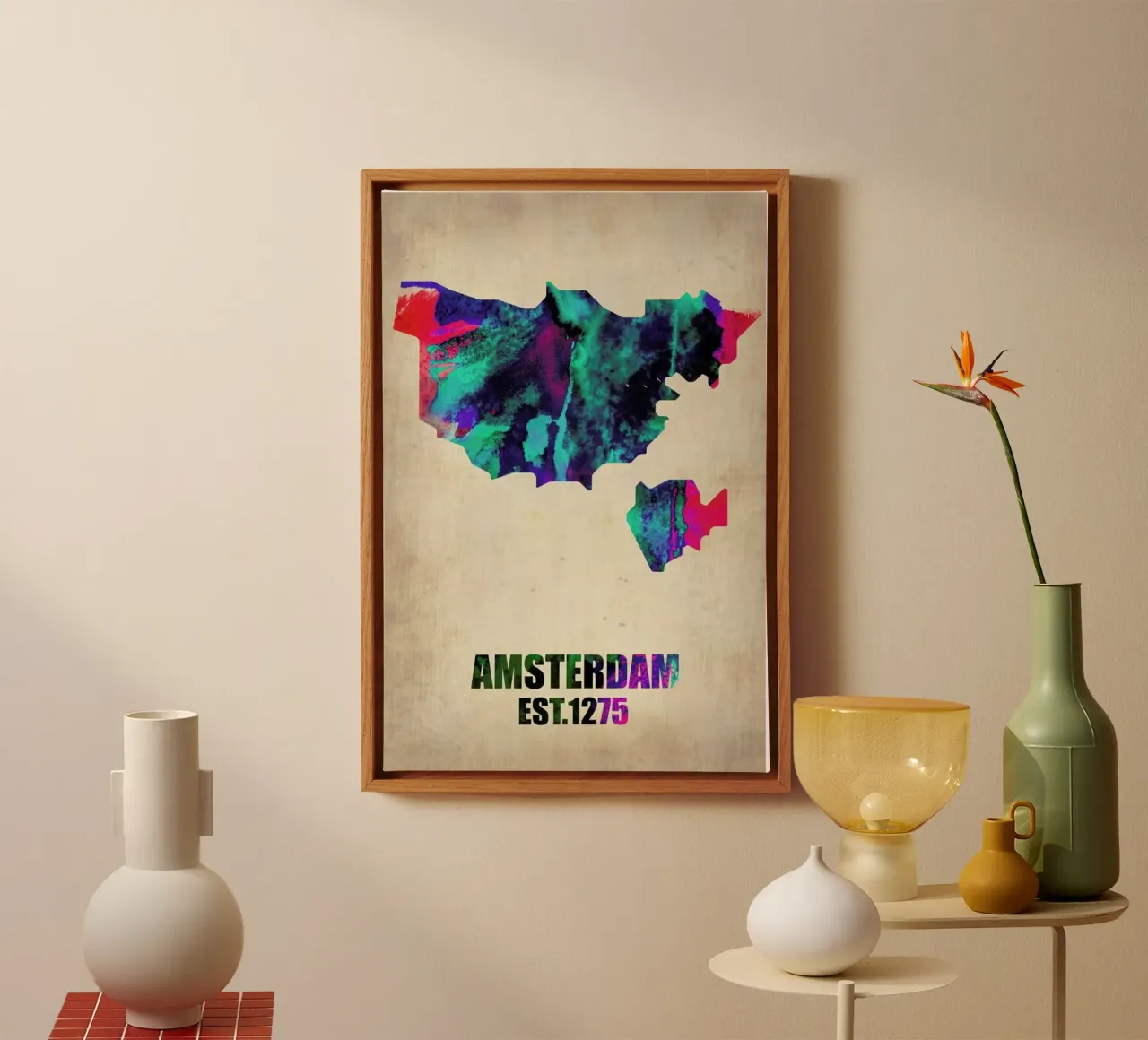 Amsterdam Watercolor Map canvas met Baklijst van Naxart