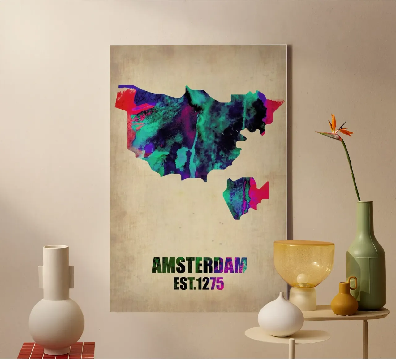 Amsterdam Watercolor Map canvas met Baklijst van Naxart