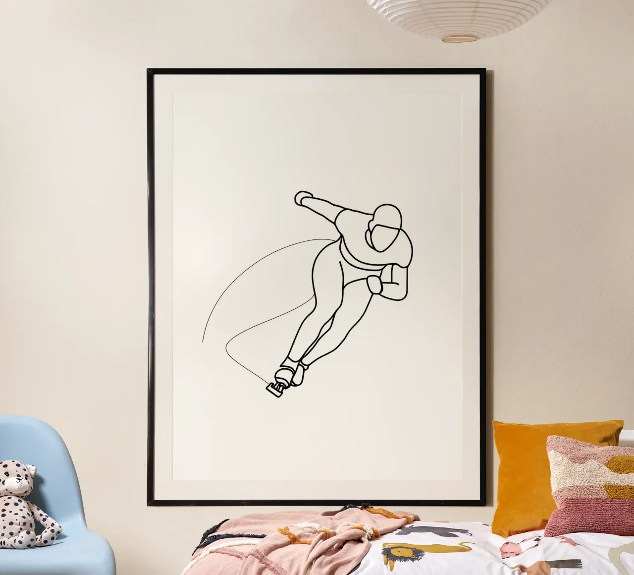 Pattinatore su ghiaccio - Line Art minimalista poster con telaio in legno da Viv Line Art