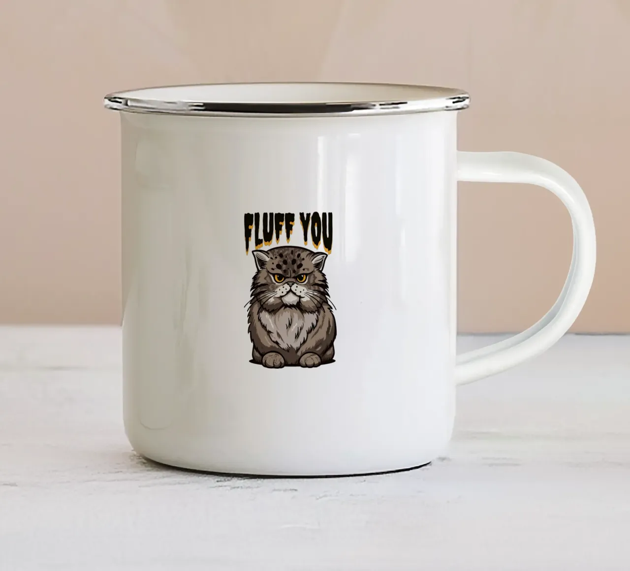 gatto peloso e arrabbiato. tazza in smalto da 🥝 KIWI STORE
