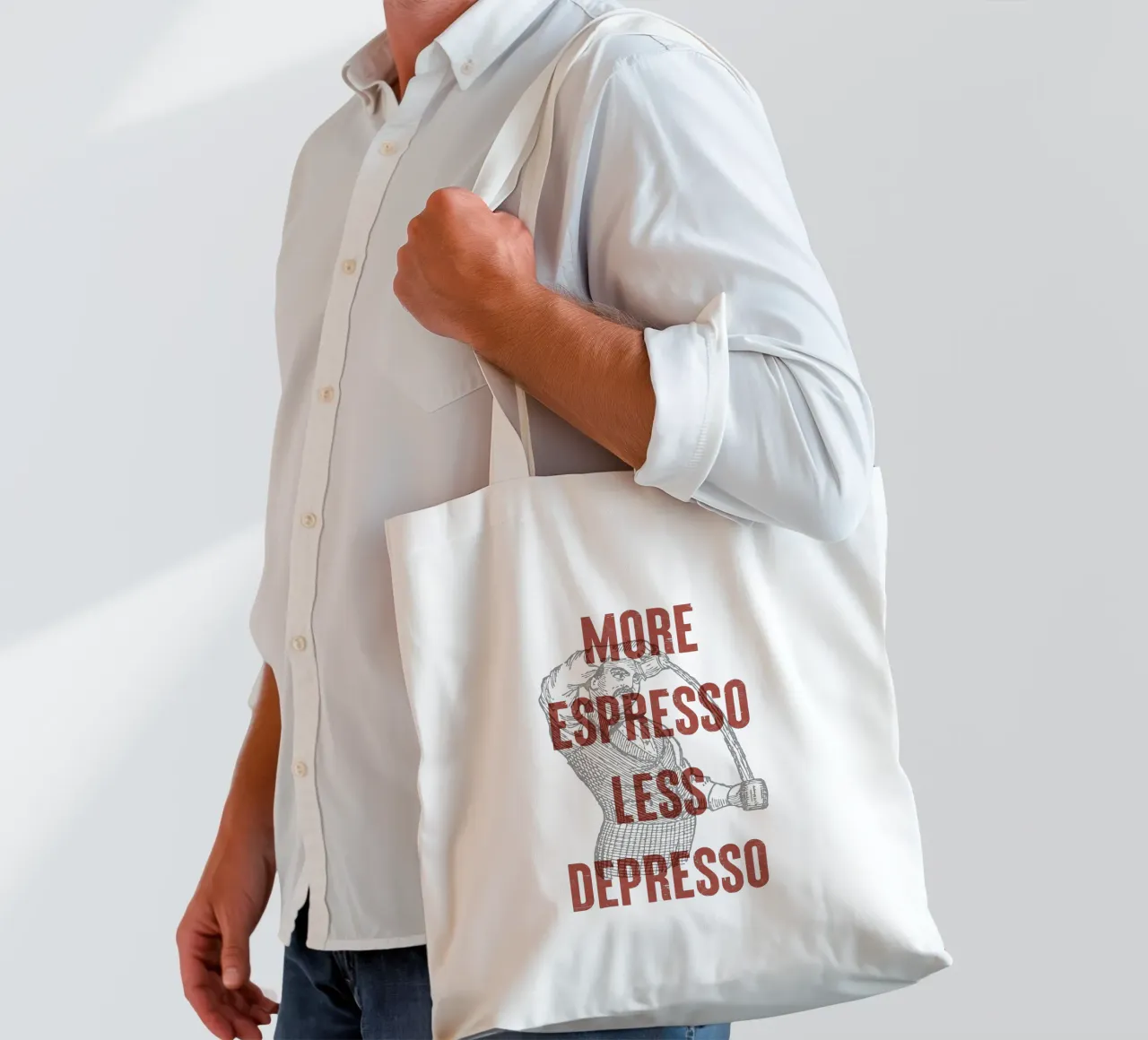 More Espresso Less Depresso borsa in juta da Vintagrafica