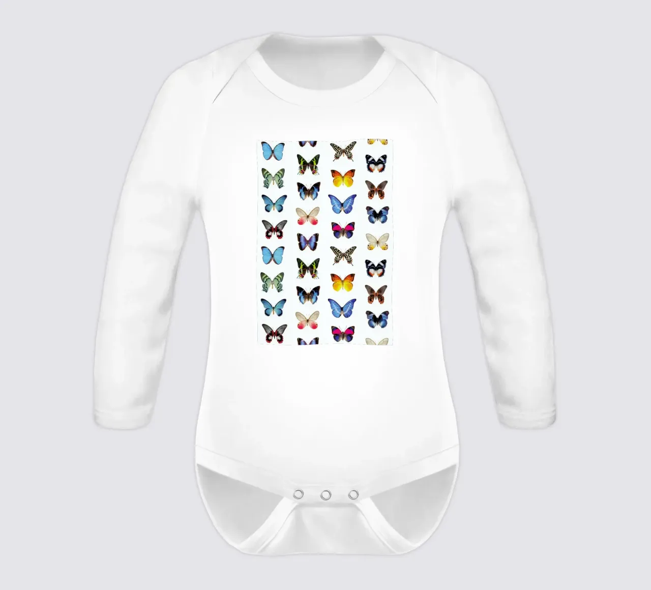 Colourful Butterflies long-sleeve baby romper by Curious Collections by Marielle Leenders