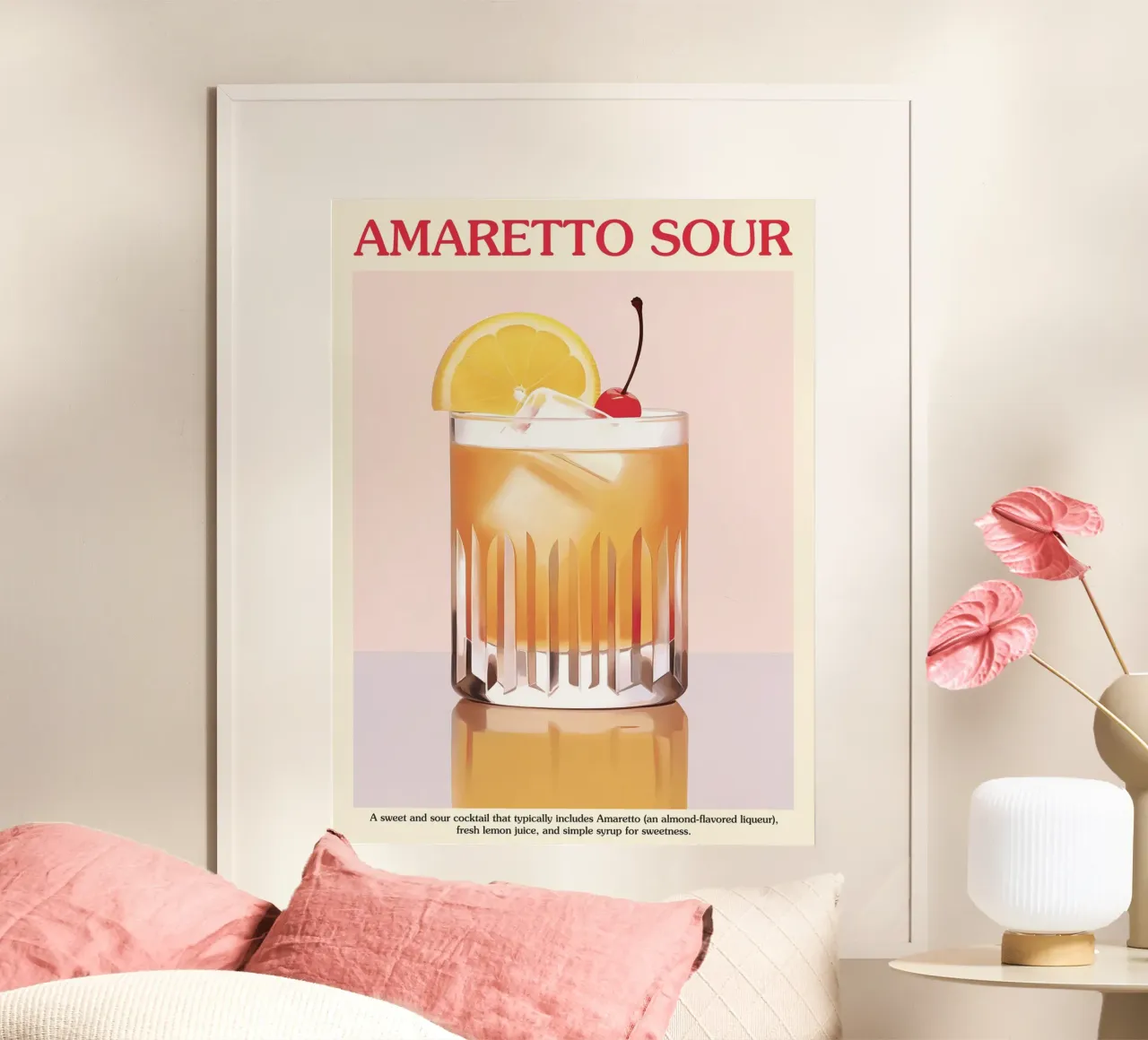 Amaretto Sour Cocktail Recipe poster con telaio in legno da Peaches Art Prints